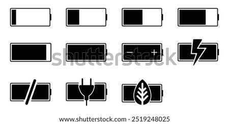 Battery icons, rectangle battery, black vector icons, charging, half, empty, green, error, plus and minus