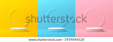 Set of yellow, blue, pink, white cylinder pedestal podium. Emboss ring shape with pastel color backdrop. Abstract vector rendering 3d shape. Cosmetic product display presentation. Minimal wall scene. 商業照片 © 