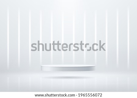 Abstract shine silver cylinder pedestal podium. Sci-fi empty room concept with vertical glowing neon lighting. Vector rendering 3d shape, Product display presentation. Futuristic minimal wall scene.