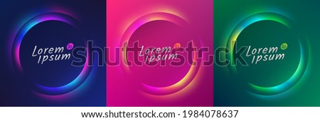 Set of blue, red-purple, green frame design. Abstract 3D cosmic vibrant color circle backdrop. Collection of glowing neon color on geometric background with copy space. Top view. futuristic style