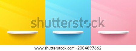 Set of abstract 3d white semi circle shelf or pedestal podium on yellow, blue, pink pastel color wall scene with lighting. Vector rendering geometric shape for product display presentation.
