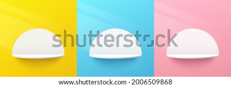 Set of abstract 3d white semi circle shelf or podium on yellow, blue, pink pastel color wall scene with circle backdrop. Vector rendering geometric shape for cosmetic product display presentation.