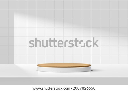 Abstract 3D white, brown cylinder pedestal podium on the table with white square tile texture wall scene. Vector rendering minimal geometric platform design in shadow for product display presentation.