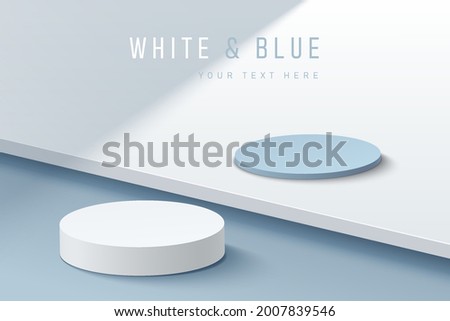 Abstract 3D white and blue cylinder pedestal podium on pastel blue steps floor in shadow with copy space. Vector rendering minimal geometric platform design for cosmetic product display presentation.