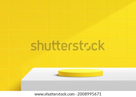 Abstract 3D white cylinder pedestal podium on the white table with yellow square tile texture wall scene. Vector rendering minimal geometric platform design in shadow for product display presentation.