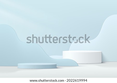 Abstract 3D white, blue cylinder pedestal podium with light blue layered wavy shape backdrop. Pastel blue minimal wall scene for product display presentation. Vector geometric rendering platform.