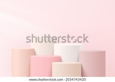 Abstract white and pink 3D steps cylinder pedestal or stand podium with pastel pink wall scene for cosmetic product display presentation. Vector geometric rendering platform design. Vector EPS10.