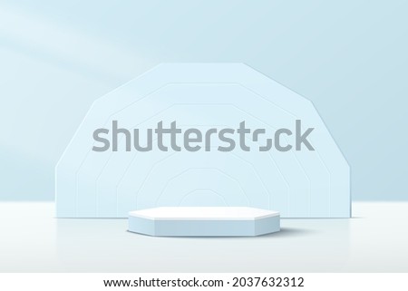 Abstract white, blue 3D hexagonal pedestal podium with blue geometric backdrop. Pastel blue minimal wall scene for cosmetic product display presentation. Vector geometric rendering platform design.