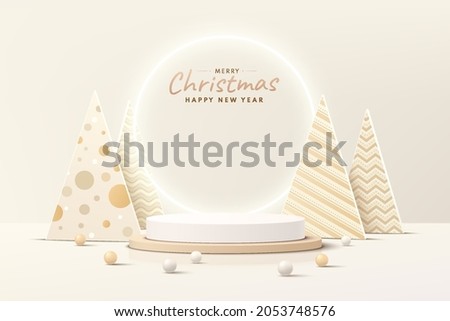 Abstract realistic 3D brown, gold cylinder pedestal podium with Luxury christmas tree and ball. Merry christmas and happy new year scene for product display presentation. Vector rendering platform.