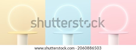 Set of abstract realistic 3d white shelf or stand podium on yellow, blue and pink wall scene with glow neon ring background. Vector rendering geometric shape for cosmetic product display presentation.