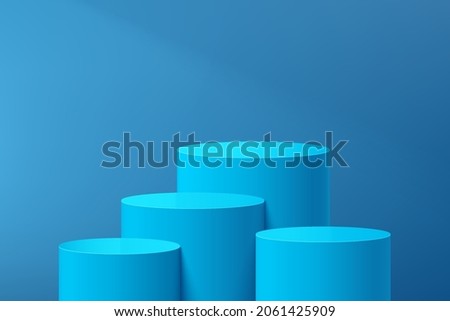 Abstract realistic 3D light blue cylinder stand podium set with lighting and shadow. Pastel blue minimal wall scene for product display presentation. Studio room. Vector geometric rendering platform.
