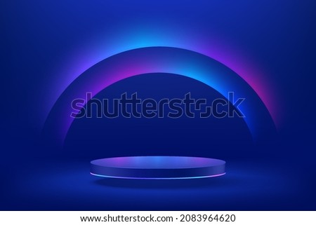 Abstract realistic 3d blue cylinder pedestal podium with Sci-fi dark blue abstract room with semi circle glowing neon lighting scene. Vector rendering product display presentation. Futuristic scene.