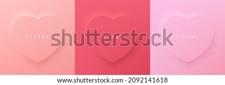 Set of pastel pink and red soft 3D heart shape frame design. Collection of geometric backdrop for cosmetic product display. Elements for valentine day festival design. Top view. Vector illustration