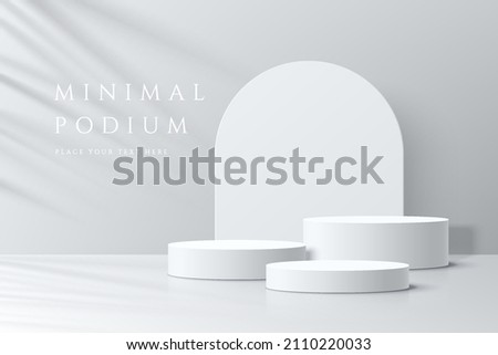 Abstract white 3D room with realistic white cylinder pedestal podium set and palm leaf shadow overlay. Minimal scene for product display presentation. Vector geometric platform. Stage for showcase.  Foto d'archivio © 
