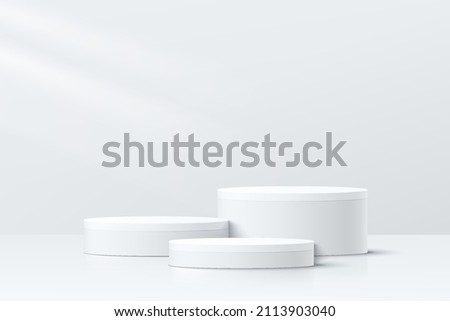 Abstract white and gray 3D room with set of realistic white cylinder pedestal podium. Minimal scene for product display presentation. Geometric platform design. Stage for showcase. Vector llustration