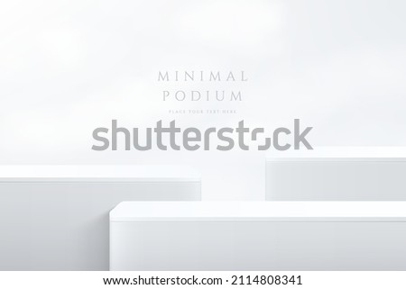 Abstract white 3D room with realistic white cube shape stand or podium set. Minimal wall scene for product display presentation. Vector geometric platform design. Stage for showcase. Simple and clean.