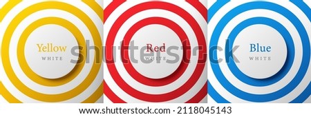 Set of radial circles yellow, red, blue and white background with copy space. Collection of geometric pedestal or podium in top view design. Trendy color frames for product display. Vector EPS10