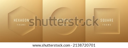 Set of realistic 3d geometric hexagon, circle and square frame on luxury golden background. Collection of Minimal frames background with copy space. Top view for product display. Light and Shadow.