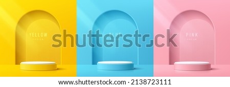 Set of yellow, blue, pink and white cylinder pedestal podium. Vertical texture in arch window background. Abstract vector rendering 3d shape. Pastel minimal scene for product display, Stage showcase Foto stock © 