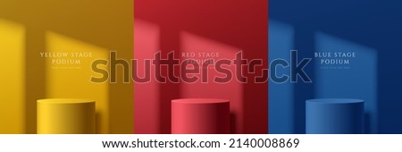 Set of realistic colorful abstract 3D room with yellow, dark blue and red stand or podium. Vector rendering geometric forms. Minimal wall scene with shadow overlay. Stage showcase, Product display.