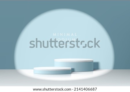 Abstract 3D room with realistic white and blue steps cylinder pedestal podium with spot light and shadow. Pastel minimal scene for mockup product display. Vector geometric forms. Stage for showcase. 