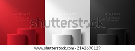 Set of abstract 3D room with white, dark red and black realistic steps cylinder pedestal podium. Vector rendering geometric forms design. Minimal scene. shadow. Stage showcase, Mockup product display. Foto d'archivio © 