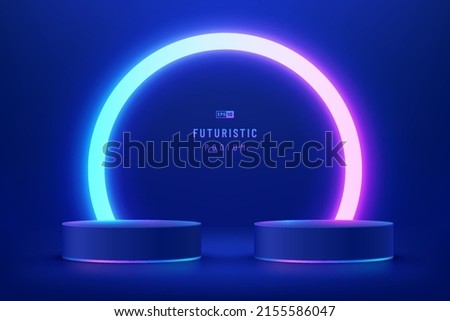 Abstract dark blue cylinder pedestal podium. Sci-fi blue abstract room with semi circle glowing neon lamp lighting. Vector rendering 3d shape, Product display mockup. Futuristic scene. Stage showcase.