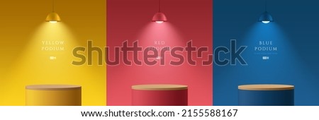 Set of yellow, dark blue, red and wood realistic 3d cylinder stand podium in abstract rooms with hanging neon lamps. Stage showcase, Product display. Vector rendering geometric forms. Minimal scene. 