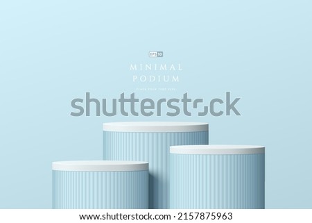 Abstract 3D light blue room with set of steps realistic blue and white cylinder stand podium. Pastel minimal scene for mockup product display. Vector geometric forms. Stage for showcase. Vector EPS10.