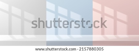 Set of abstract white, pink, blue 3D room and desk or tables with window light and shadow. Pastel minimal scene collection. Vector rendering geometric forms for mockup product display. Stage showcase.