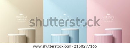 Set of realistic abstract 3d room with steps cylinder stand podium in beige, blue, pink and white color. Vector geometric forms design. Pastel minimal scene. Stage for showcase, Mockup product display