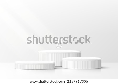 Abstract white clean 3D room with set of realistic steps cylinder pedestal podium. Minimal wall scene for mockup product display. Vector rendering geometric forms. Stage for showcase. Vector EPS10.
