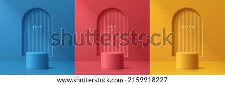 Set of abstract 3D room with yellow, blue, red realistic cylinder podium. Vertical line texture in arch window. Vector rendering geometric form. Mockup product display. Minimal scene. Stage showcase.