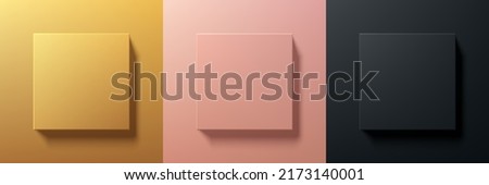 Set of abstract 3D luxury golden, rose gold and black square frame border design. Collection of geometric scene for cosmetic product. Elements for design. Top view of podium or pedestal. EPS10 vector.