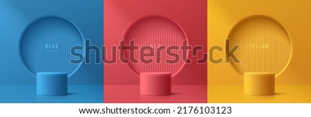 Set of abstract 3D room with yellow, blue, red realistic cylinder podium. Vertical line texture in circle window on wall. Vector geometric forms. Mockup product display. Minimal scene. Stage showcase.