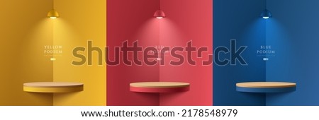 Set of yellow, dark blue, red realistic 3d floating cylinder podium in corner rooms with hanging neon lamps. Stage showcase, Product display. Vector rendering geometric forms. Abstract minimal scene. 