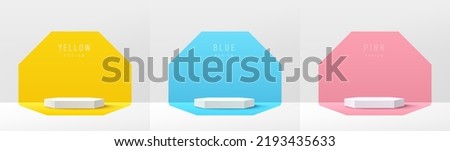 Set of white realistic 3d hexagon pedestal podium with pastel yellow, blue and pink in semi hexagon backdrop. Abstract vector rendering geometric platform. Product display presentation. Minimal scene.