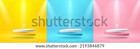 Set of yellow, blue, pink, white realistic 3d cylinder pedestal podium floating on air with spot lights. Abstract vector rendering geometric form. Minimal scene. Stage showcase, Mockup product display