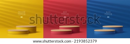 Set of abstract 3D background with yellow, dark blue, red, wooden realistic cylinder podium. Minimal round scene with light and shadow. Stage showcase, Mockup product display. Vector geometric forms.