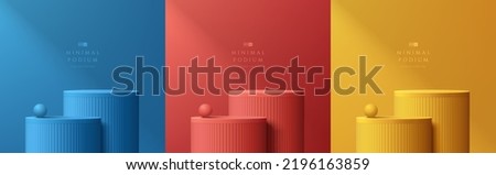 Set of abstract 3D background, Realistic blue, red and yellow steps cylinder stand podium. Vector rendering geometric form. Mockup product display presentation. Minimal wall scene. Stage for showcase.