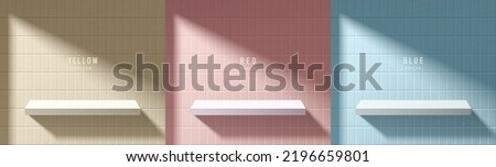 Set of abstract 3D room with beige, blue, pink realistic white podium or product shelf. Square tile wall background. Vector rendering geometric forms. Mockup display. Minimal scene. Stage showcase.