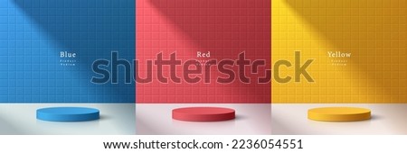Set of 3D background with yellow, blue, red realistic cylinder pedestal podium. Square tile pattern scene. Vector abstract geometric form, Mockup product display. Minimal wall scene. Stage showcase.