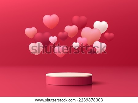 Valentine 3D red background with realistic pink cylinder pedestal podium, Floating flying hearts balloon. Minimal wall scene mockup product display. Abstract geometric forms. Round stage for showcase.