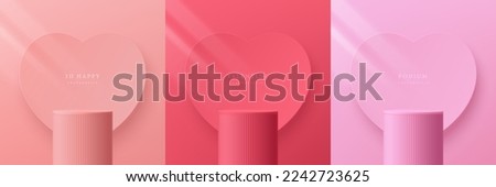 Set of 3D valentine day background with pink, coral red realistic cylinder stand podium. Heart shape backdrop. Vector geometric form. Mockup product display. Pastel minimal wall scene. Stage showcase.