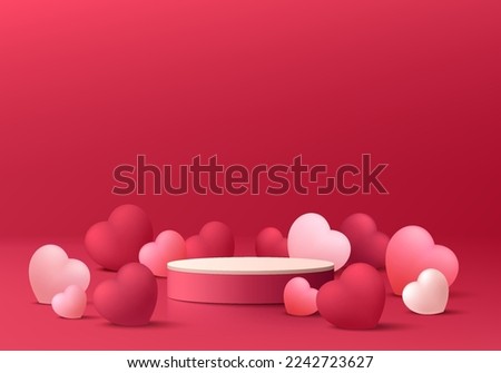 Valentine 3D background with realistic red, pink cylinder pedestal podium, Balloon hearts shape decorate. Minimal wall scene mockup product display. Abstract geometric forms. Round stage for showcase.
