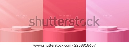 Set of 3D valentine day background with pastel pink, red and white realistic pedestal podium in heart shape. Vector geometric platform. Mockup product display. Minimal wall scene. Round stage showcase
