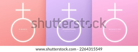 Set of women female glowing neon sign background with pink, coral red and purple color. Women's international day design elements. Vector pastel minimal scene. Use for cover, template, poster, banner.