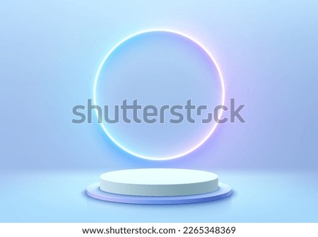 futuristic blue 3D background with cylinder pedestal podium, Neon light circle ring on the wall. Pastel minimal wall scene mockup product display. Abstract vector geometric platforms. Stage showcase.