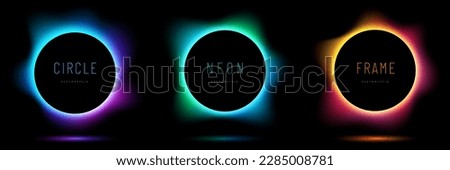 Set of pink-blue, red-purple and green illuminate neon light circles frames. Collection of glowing laser light round lines in top view dark background. Abstract gradient vibrant color geometric board.