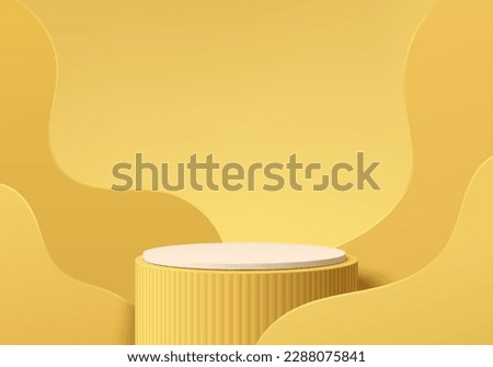 3D yellow background with realistic white cylinder stand podium and layer wavy wall scene. Pastel minimal mockup product display. Abstract geometric platforms. Stage for showcase. 3D vector rendering.